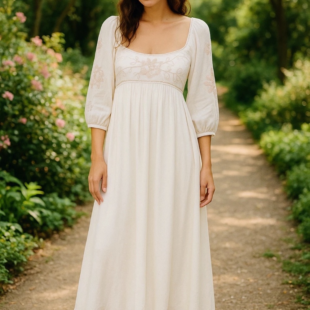 Free People Cream Maxi Dress with Square Neck and Bishop Sleeves